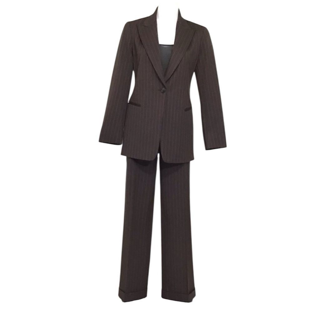 Lafayette 148 New York Brown Pinstripe 2-Piece Pantsuit Cuffed Hem